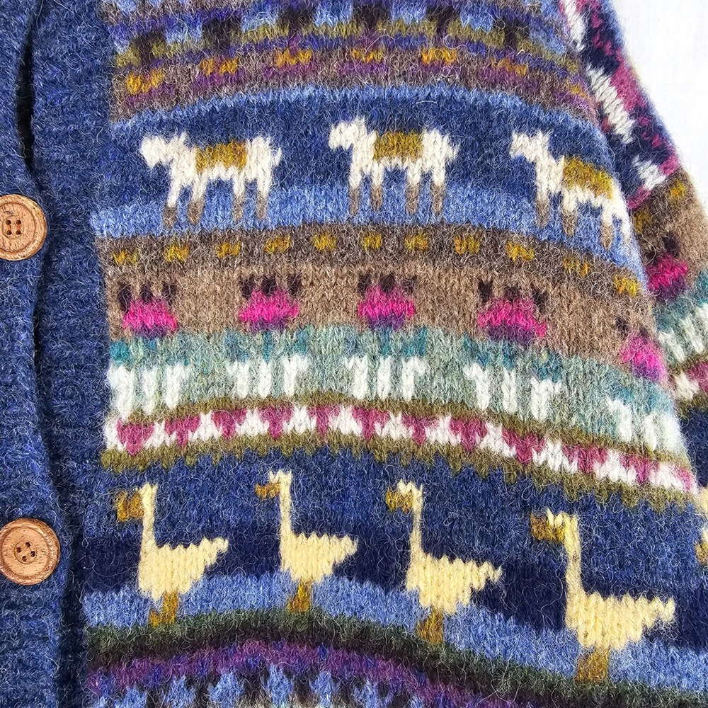 Vintage LL Bean Sheep Geese Horse Wool Cardigan Sweater Women's Large Blue - Picture 4 of 9
